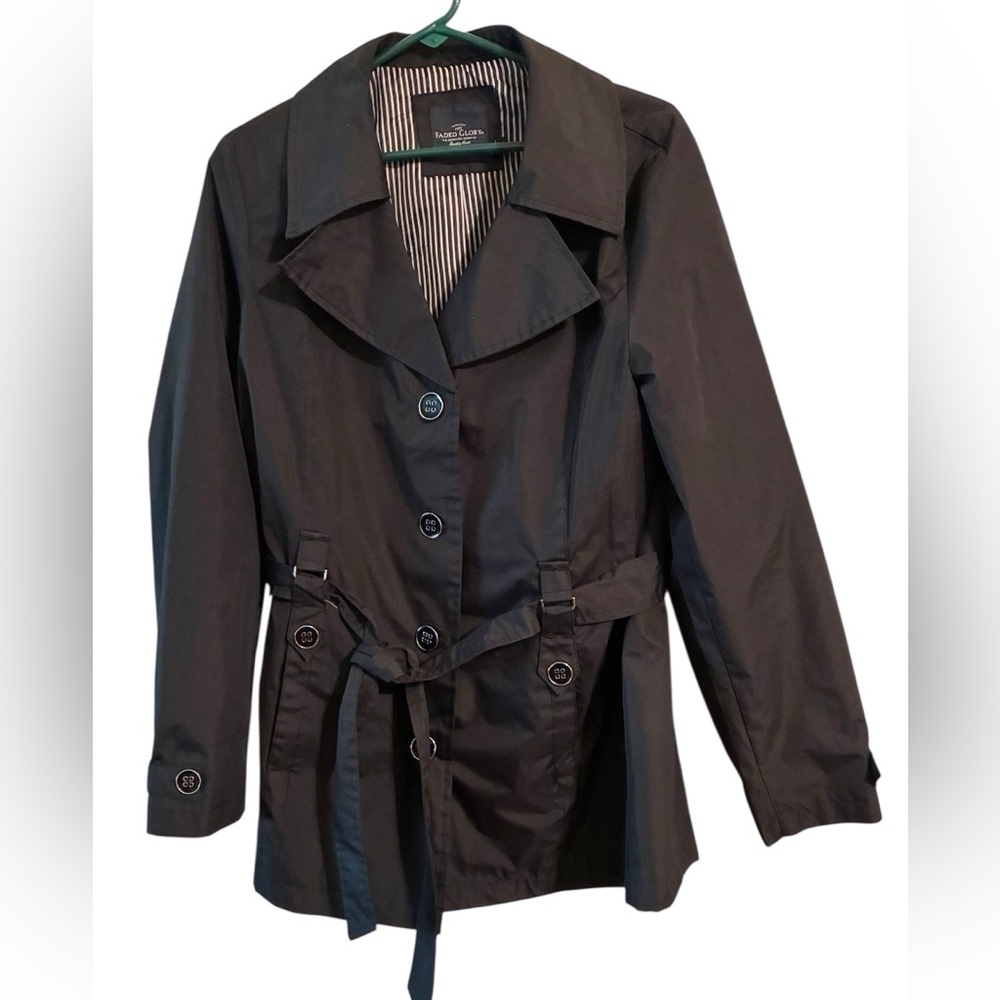 Trench Coat Sz L (12/14) Black Belted EUC Button Down, Collared, Pockets, Lined